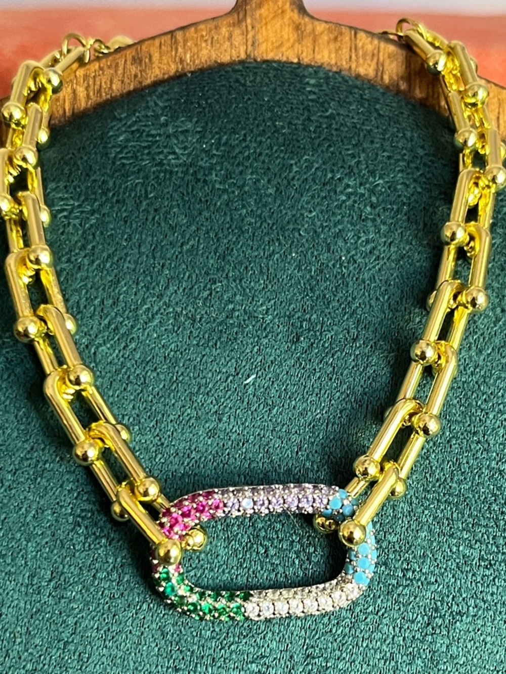 Gold Multi-Color Pavé Center Link & Hardware Link Bracelet 6-9”